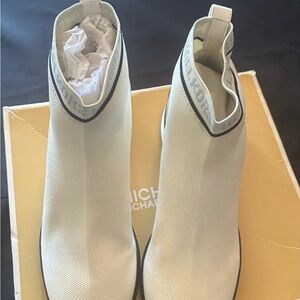 Michael Kors Cream Knit Slip-On Ankle Booties with Black Trim